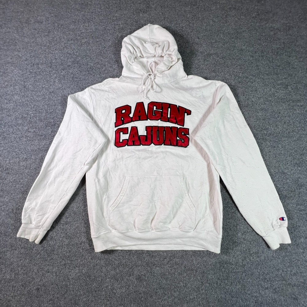 Champion Eco Fleece Ragin Cajuns Hoodie Mens Large White ULL Louisiana Lafayette